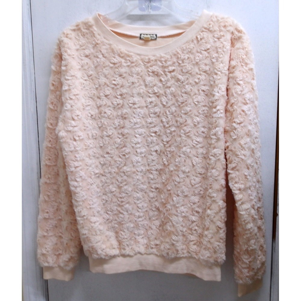 Peach Faux Fur Rosette Textured Crew Neck Pullover Sweatshirt Top M / #26835 - Picture 2 of 6